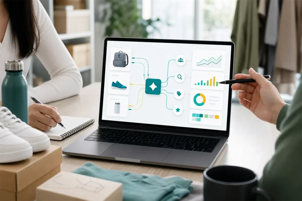 Interface Google Ads abstraite avec flux produit et signaux IA pour campagne Shopping