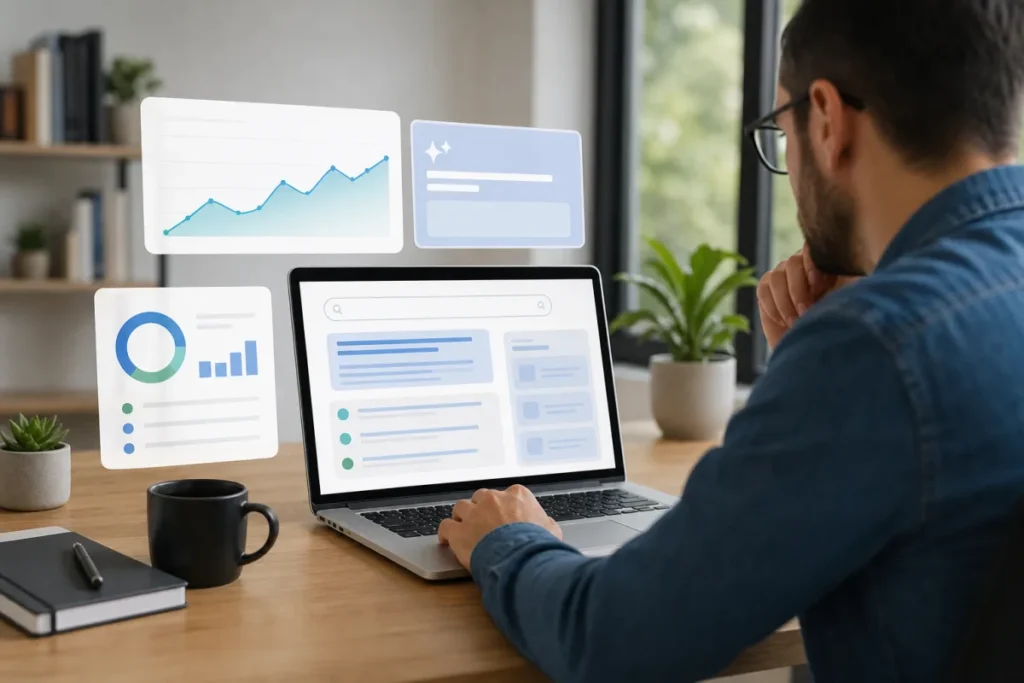 Consultant SEO analysant des résultats Google avec AI Overviews et courbes de trafic organique