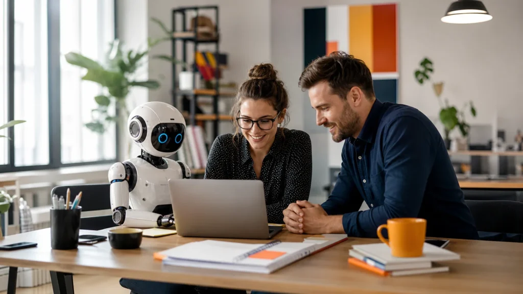 Robot assistant travaillant avec une équipe en entreprise sur un projet IA