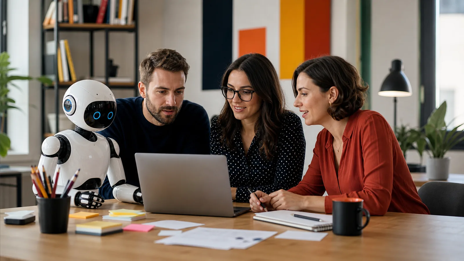 Robot assistant et equipe en reunion autour d un ordinateur pour travailler avec l IA