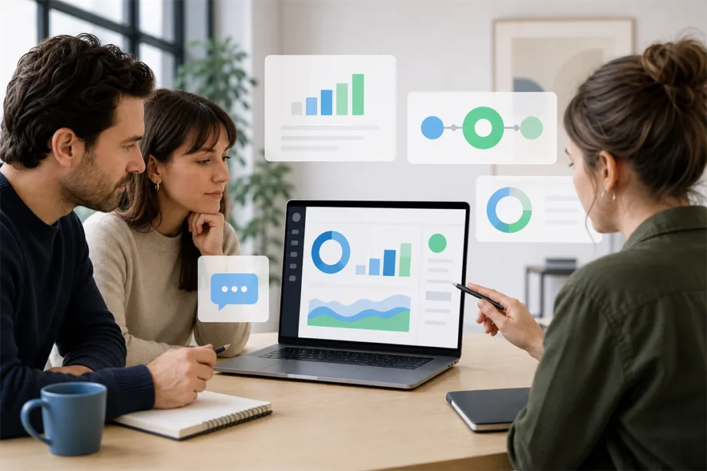 Tableau de bord publicitaire abstrait dans une interface conversationnelle IA