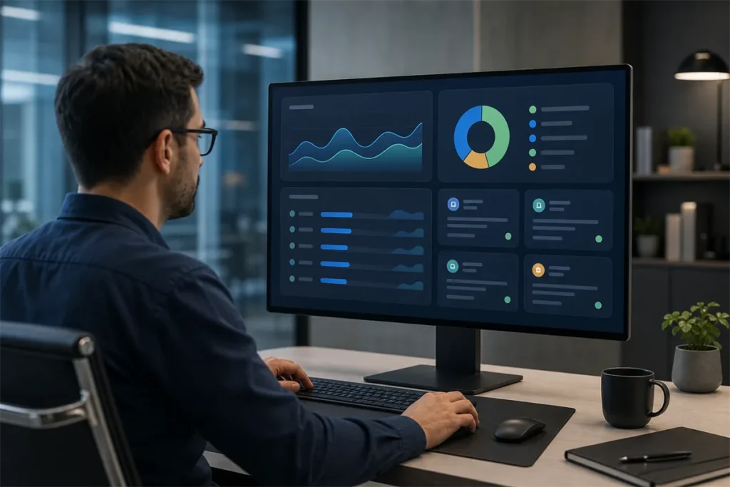 Console administrateur IA avec statistiques d’usage et suivi des agents en entreprise