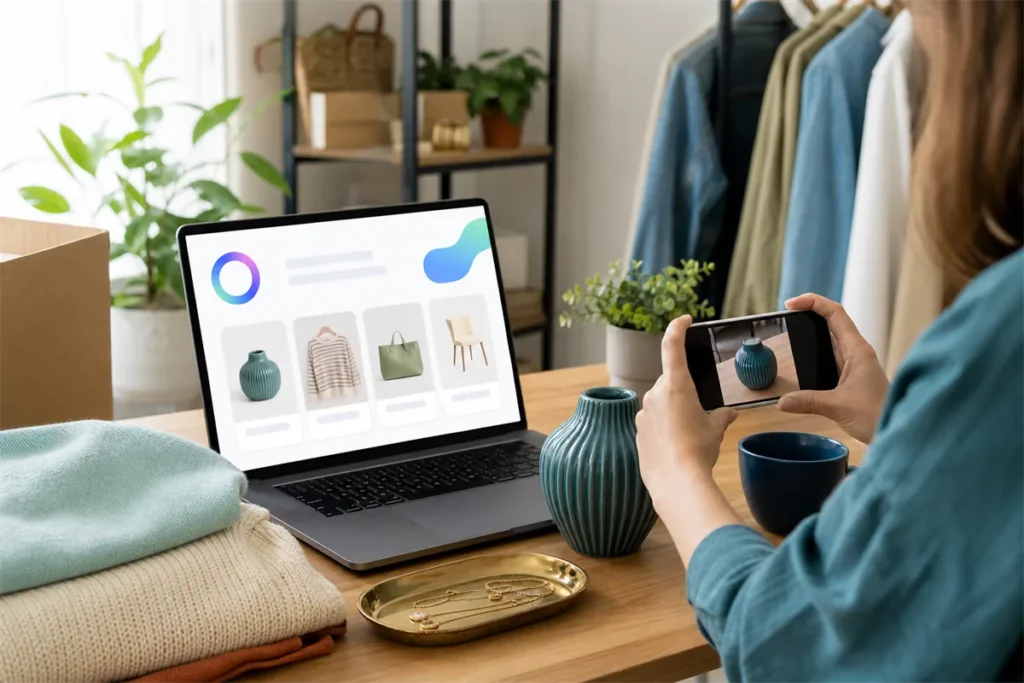 Vendeur préparant une annonce Facebook Marketplace avec assistance IA sur ordinateur