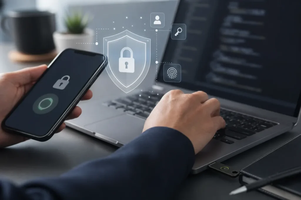 Clé de sécurité et compte IA protégé par authentification forte
