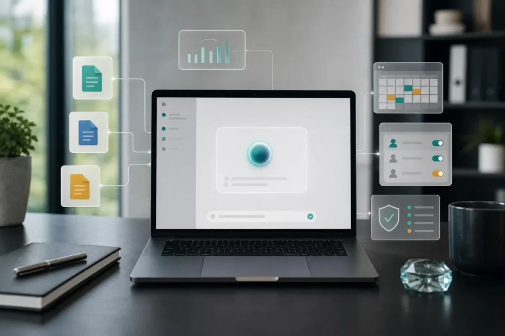 Interface de travail avec apps ChatGPT connectées à des documents internes et contrôles d’accès
