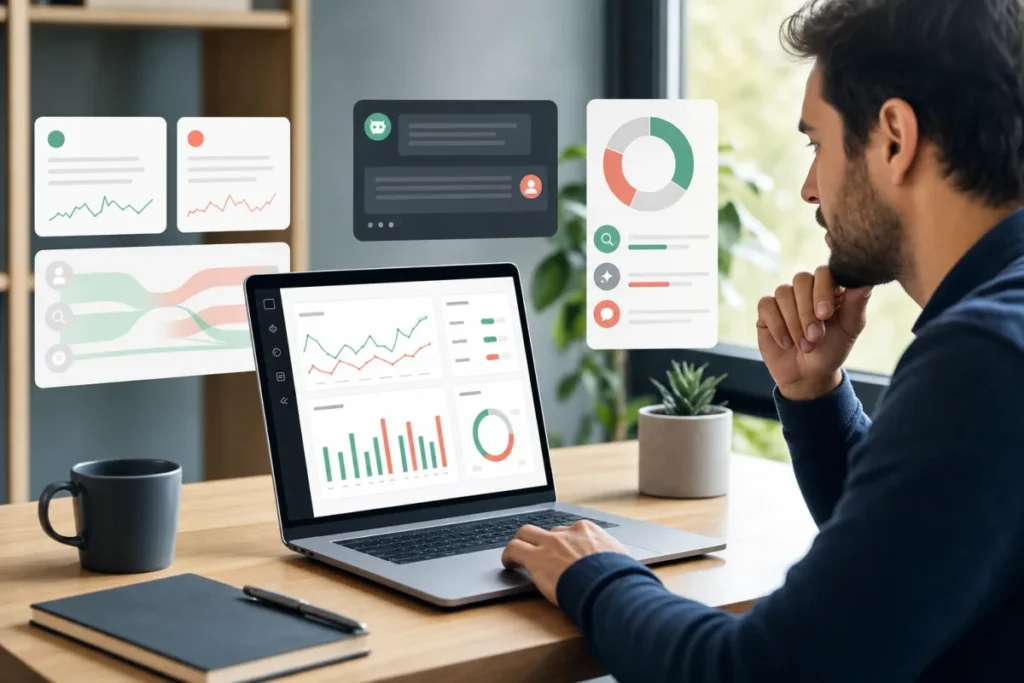 Interface publicitaire sobre avec campagnes ChatGPT Ads, indicateurs CPC et mesure des conversions