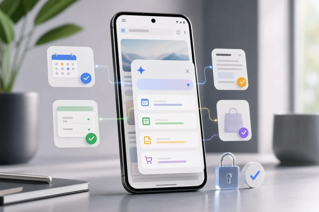 Smartphone Android avec assistant Gemini dans Chrome et tâches web sécurisées