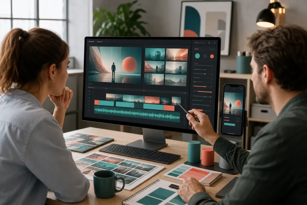 Équipe marketing préparant une vidéo IA dans un studio créatif