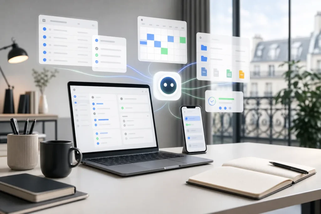 Espace de travail avec agent IA personnel organisant emails, calendrier, documents et tableaux