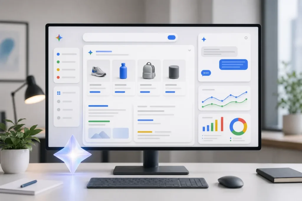 Interface Google Search avec annonce IA, produits et agent de discussion
