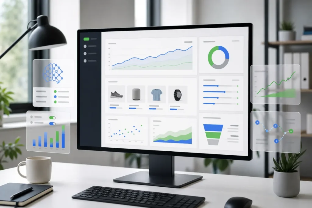 Tableau de bord Google Ads IA avec enchères, budget et suivi des conversions