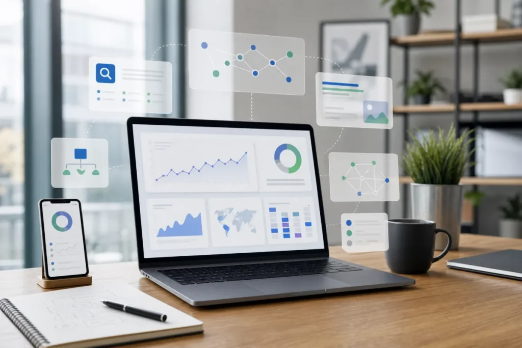 Interface de recherche IA avec tableaux SEO et agents de recherche sur un ordinateur