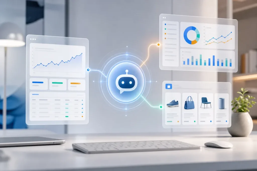 Interface marketing abstraite reliant Google Ads Analytics et Merchant Center autour d’un assistant IA