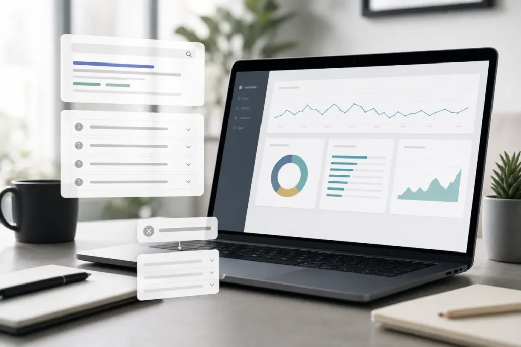 Tableau SEO affichant des questions FAQ et des signaux Search Console
