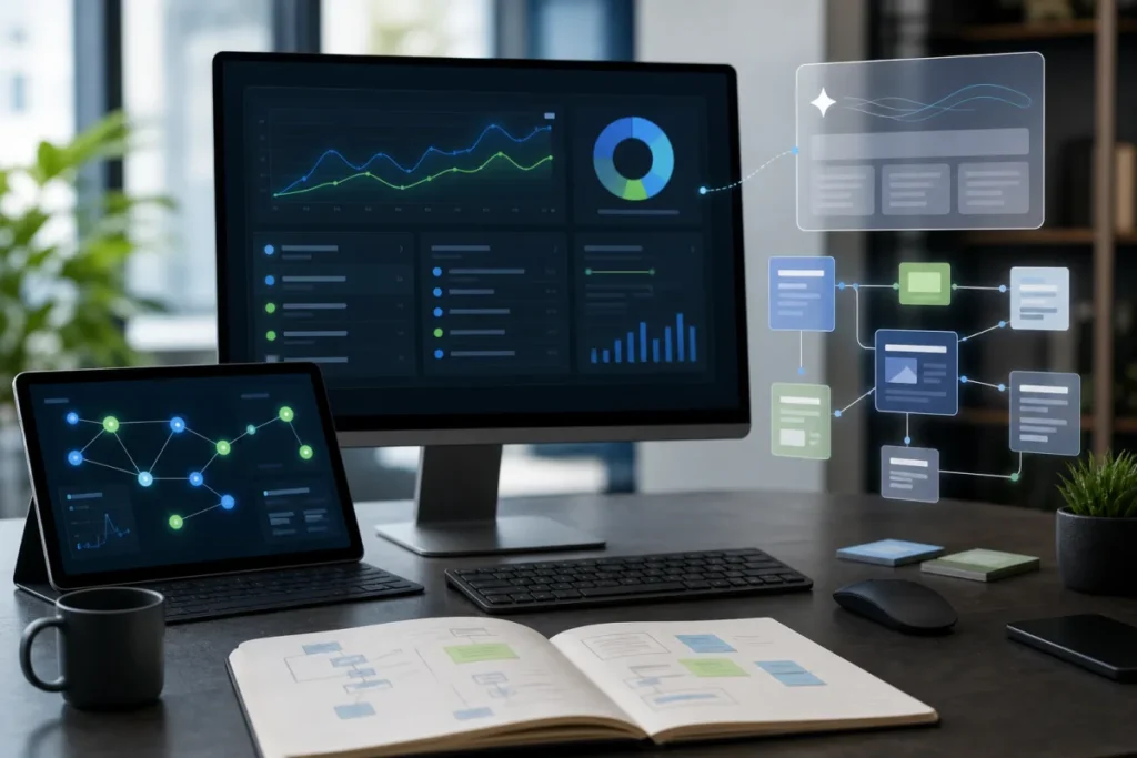 Tableau de pilotage SEO avec signaux Google AI Overviews et contenus indexables