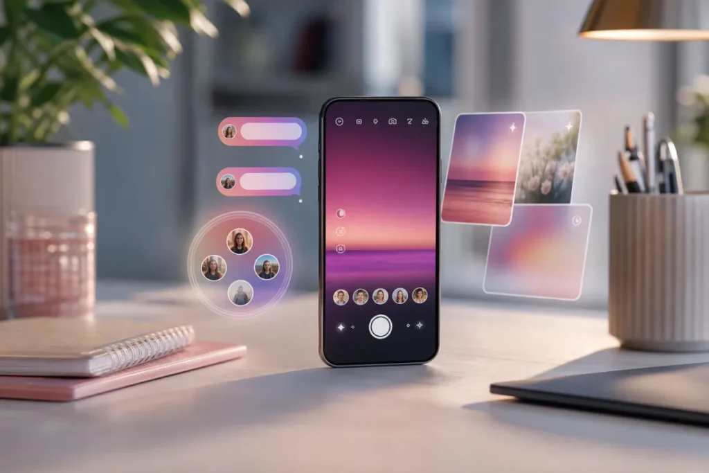 Smartphone affichant des photos éphémères Instagram Instants dans un espace de travail