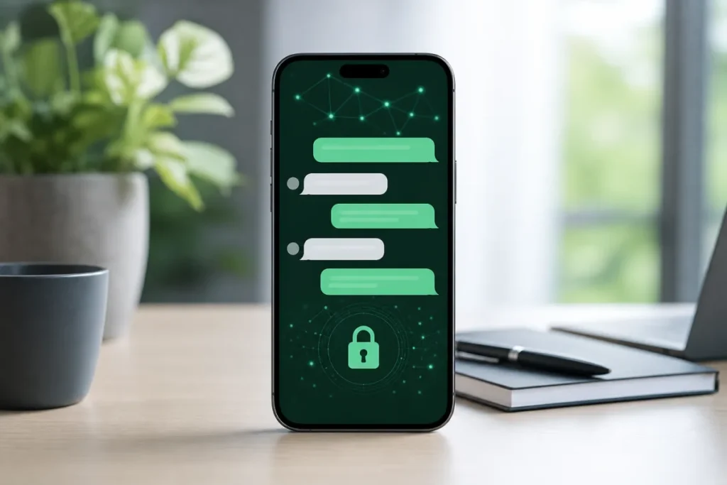 Smartphone affichant un chat privé WhatsApp avec symbole de confidentialité
