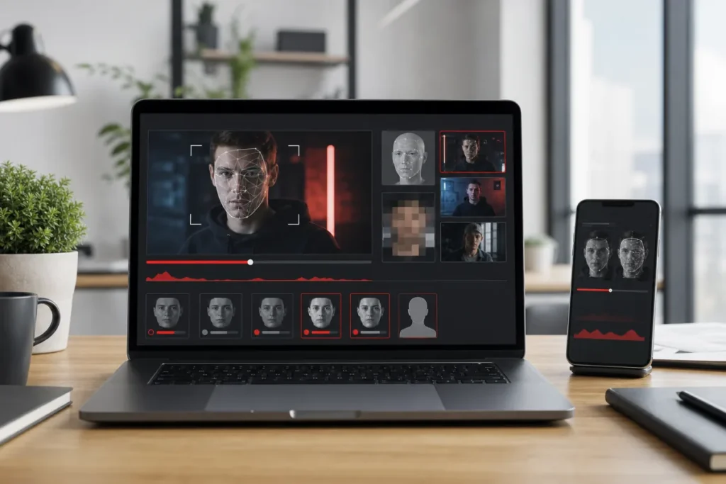 Ordinateur affichant une analyse de ressemblance IA sur des vidéos en ligne