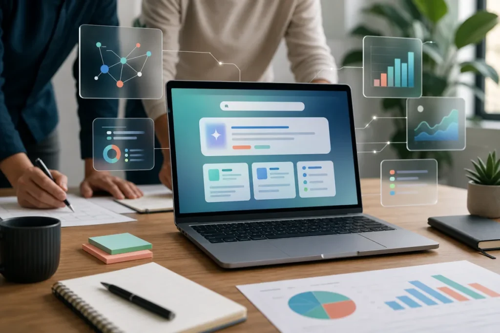 Interface de recherche IA Google analysee par une equipe marketing pour adapter une strategie SEO