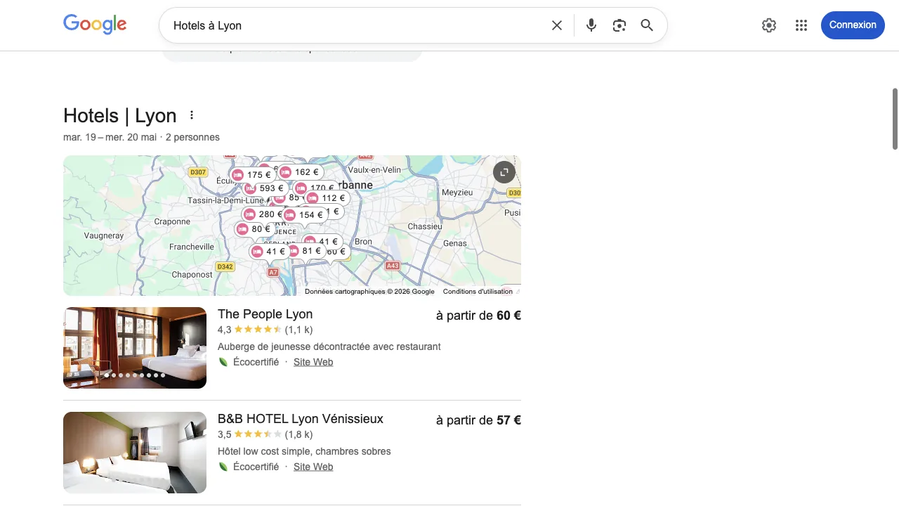 Capture Google Hotels à Lyon avec carte et module hôtels
