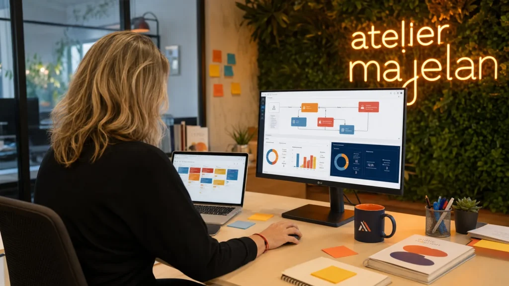 Laure Sommet de dos travaillant sur un workflow IA aux couleurs de l’Atelier Majelan