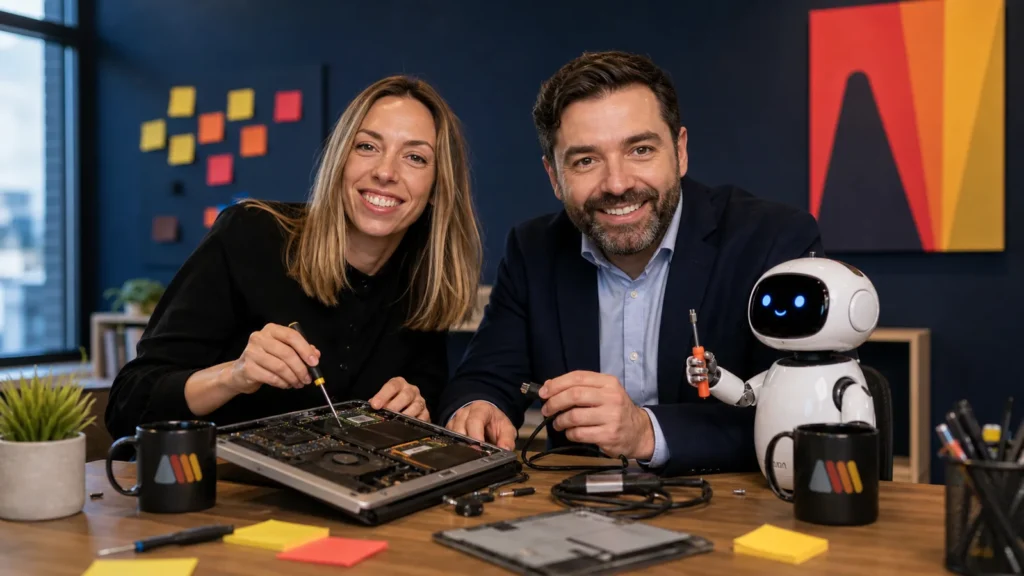 Lorie et Jérôme bricolent un ordinateur avec un robot aux couleurs Atelier Majelan