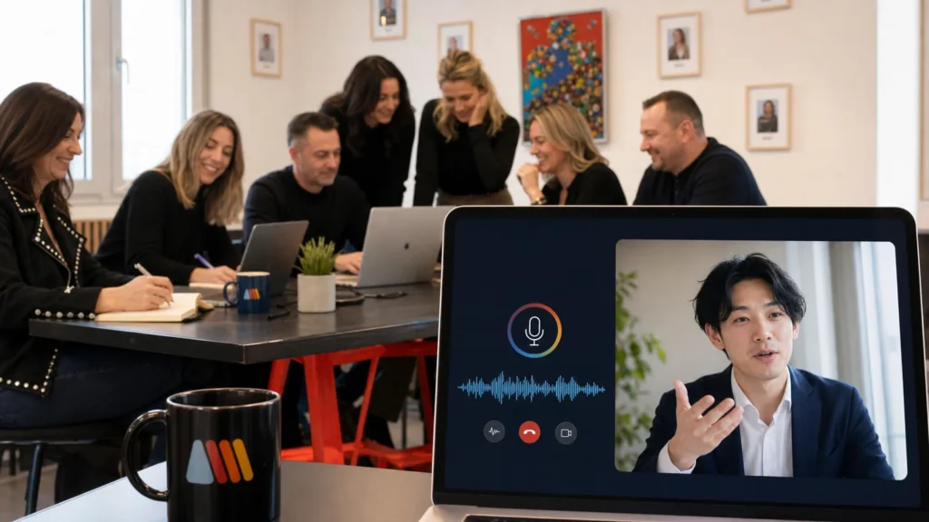 Équipe Atelier Majelan travaillant sur une interface vocale IA avec un interlocuteur japonais