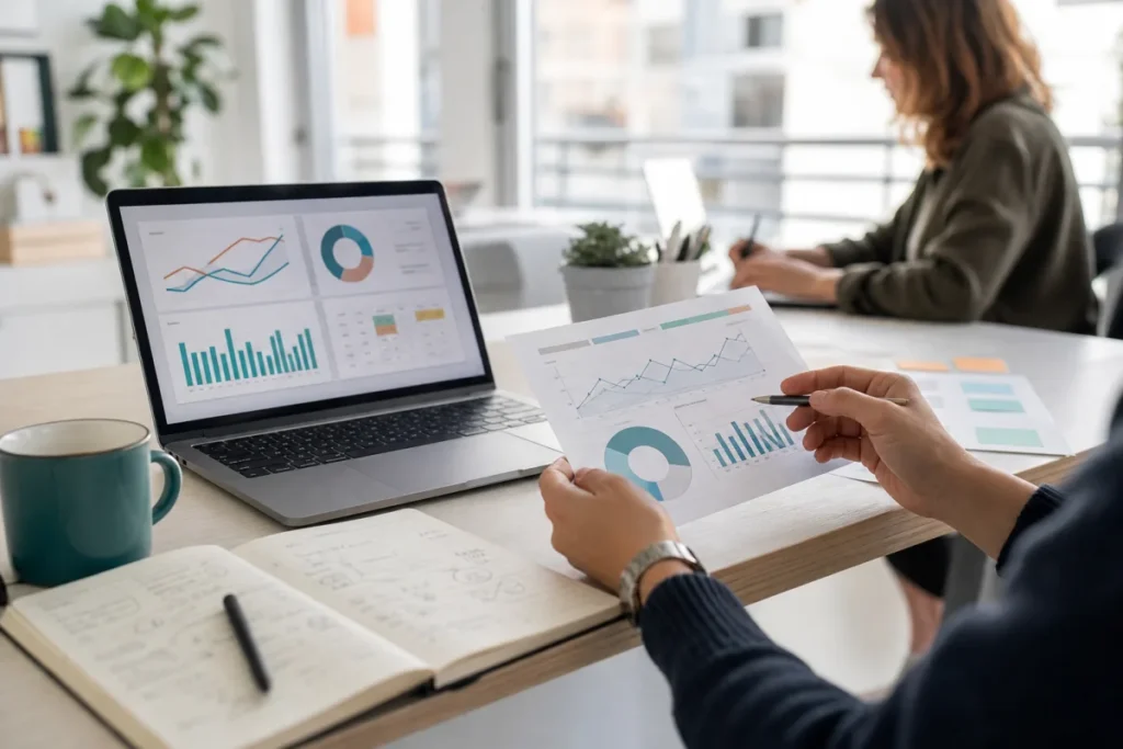 Marketeur analysant des graphiques de campagne Search avant une migration Google AI Max
