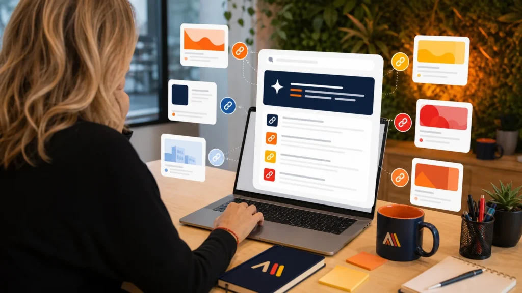 Réponse IA Google avec liens visibles dans une ambiance Atelier Majelan