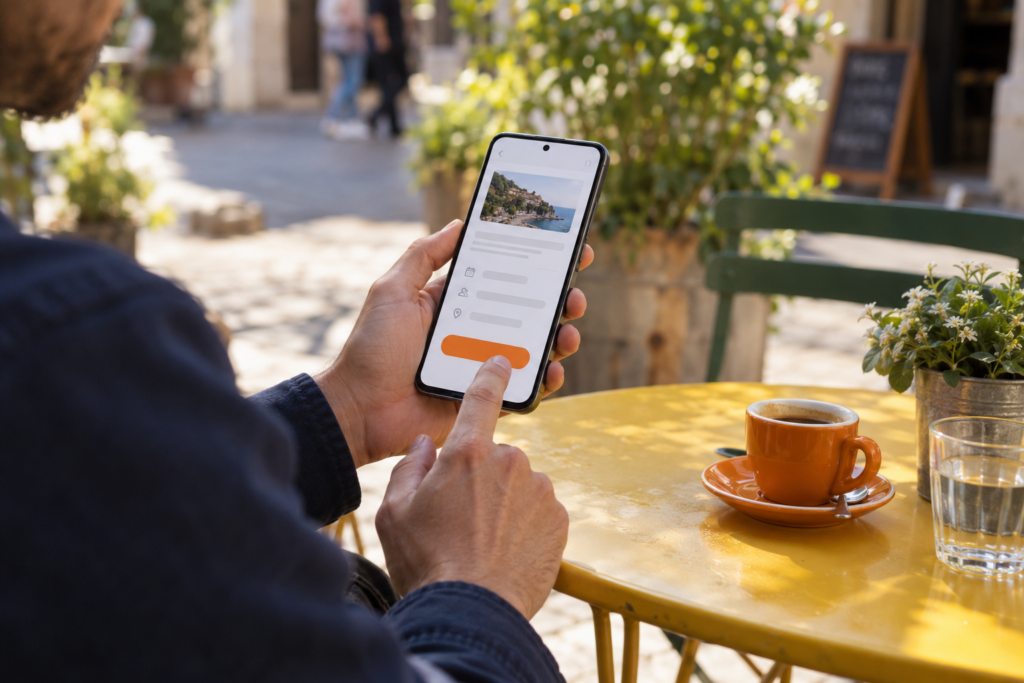 Utilisation d’un navigateur sur smartphone à une terrasse, illustration de Gemini sur mobile