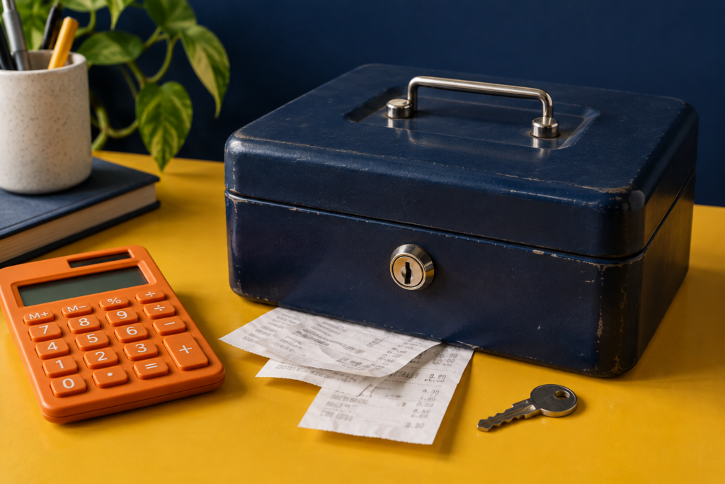 Boîte à documents fermée et calculatrice, illustration de la protection des données financières