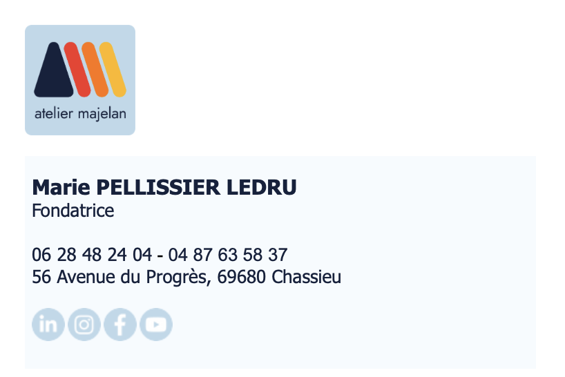 Signature de Marie Pellissier Ledru, fondatrice d’Atelier Majelan : coordonnées et réseaux sociaux