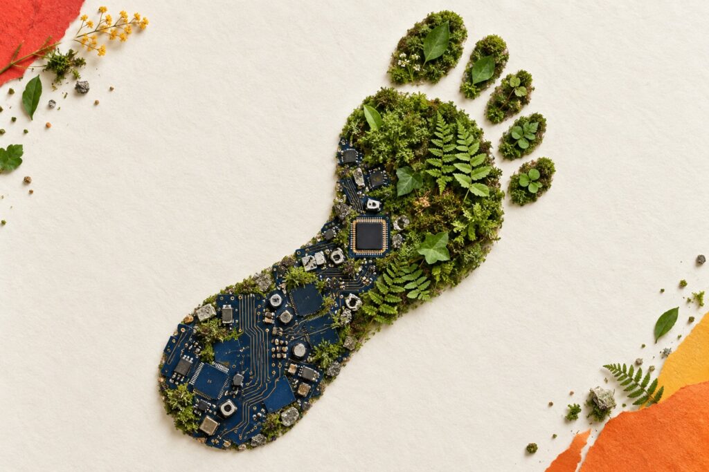 Empreinte de pas composée de circuits électroniques, de mousse et de feuilles, illustrant l’empreinte environnementale de l’IA.