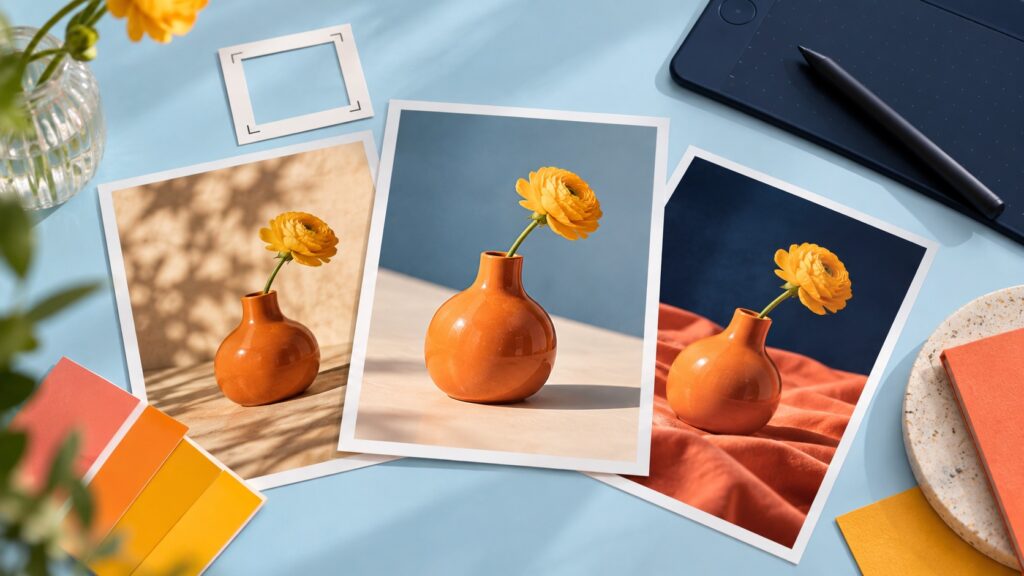 Trois variations d’un visuel de vase orange, une tablette graphique et des nuanciers aux couleurs Majelan.